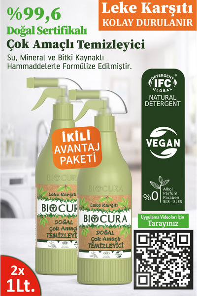 Doğal Sertifikalı Leke Çıkarıcı Bitkisel İçerikli Çok Amaçlı Temizleyici Sprey 1Lt x 2 Adet
