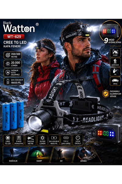 Watton 20000 Lümen CREE TG Şarjlı Kafa Lambası Ultra Güçlü LED Aydınlatma Pro...