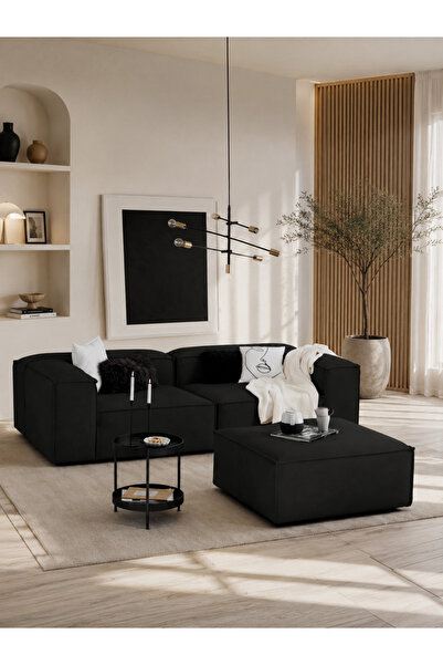 ERİZA Relax Soft 3 Modül Siyah Keten 900 2 Köşe 1 Puf