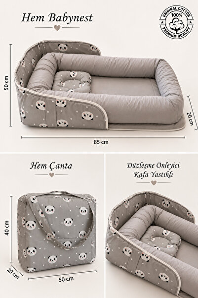 Jaju Baby Babynest Gri Panda Çantalı Bebek Yatağı Taşınabilir Yatak %100 Pamu...