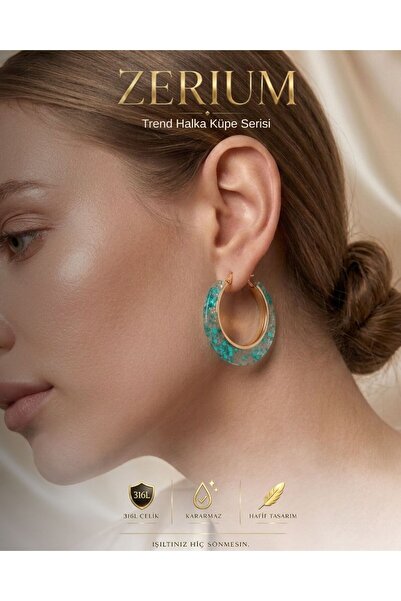 ZERİUM Trend Women's Steel Hoop Earrings with Glitter Inside Light Green Tran...