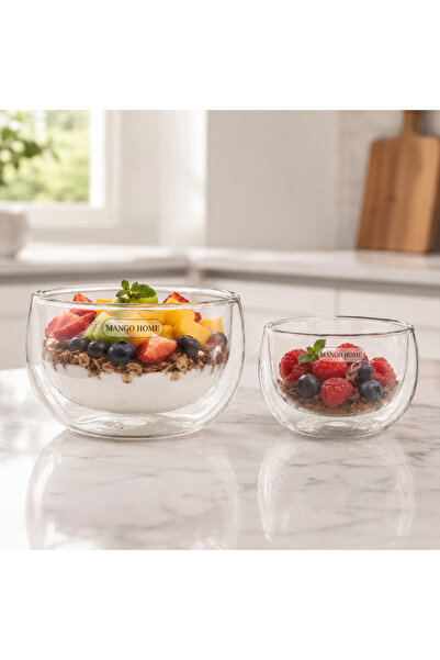 Mango Home U Form Çift Cidarlı Borosilikat Cam Kase Seti 2’li 450 ml + 250 ml...