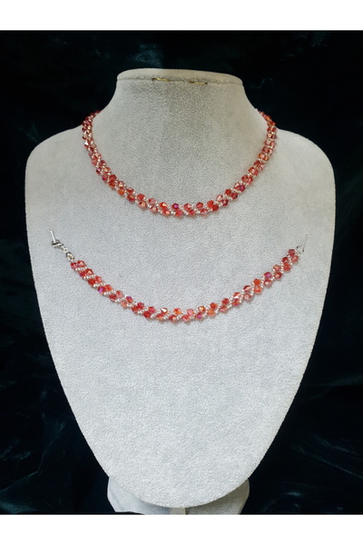 Kırmızı Kristal Su Yolu Set Kolye uzunluk 38cm Bileklik 18 cm Özgün olarak elde tasarlanmıştır