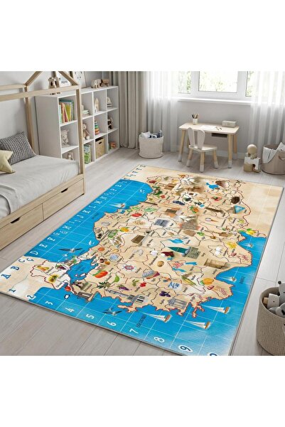 Carpettex Türkiye Haritası Desenli Eğitici Çocuk Halısı Duvar Halısı Kaymaz T...