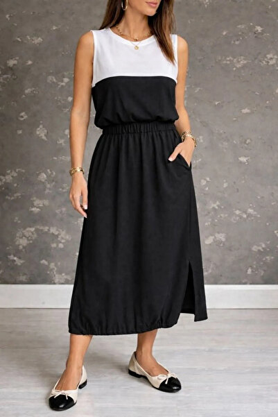 Generic Brand Women's Strappy Crew Neck Double Color Slit Long Viscose Dress