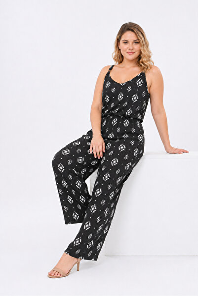 Şans Women's Large Size Black Suspender Wide Leg Elastic Waist Relaxed Cut Ju...