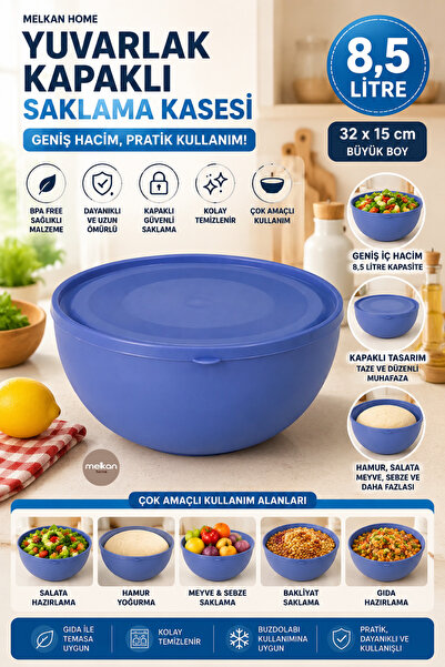 Melkan Home Blue Round Large Bowl with Lid 8.5 Lt