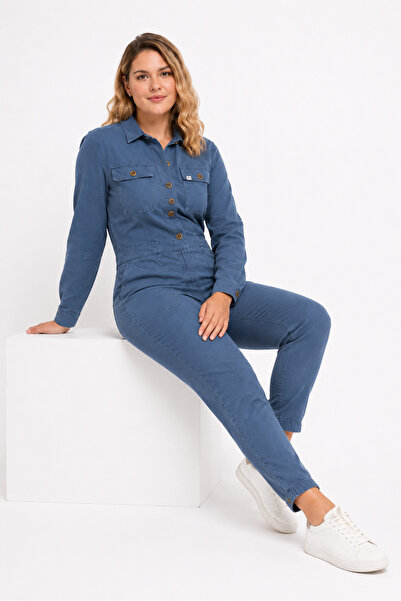 Şans Women's Indigo Large Size Front Buttoned Gabardine Jumpsuit 65n36260