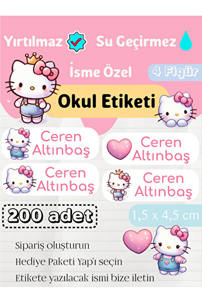 GÖKÇETasarım *ROZET HEDİYELİ* İsme Özel Okul Etiketi Hello Kitty / Kedi Kırta...