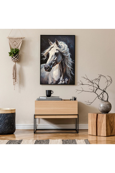 MallDeco Tablou Canvas Modern Cal Alb, Pictat Manual, cu Ramă PS