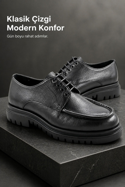 PATRICK CASSA Men's Black Flother Leather Classic Lace-Up Shoes Comfortable f...