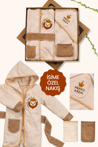 MinyTim İsime Özel Nakış İşlemeli Bebek Bornoz Takımı - %100 Pamuk | 3 Parça ...