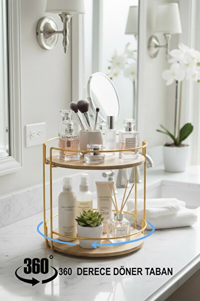 EVSTYLE 360 Degree Rotating Two-Tier Bamboo Makeup and Jewelry Organizer - Go...