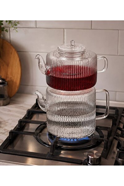 BİZ ZÜCCACİYE إبريق شاي زجاجي مخطط من BİZ HOME (إبريق شاي 1.1 لتر، وعاء ماء 1...