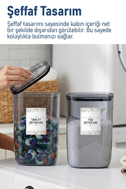 İronika Etiket Hediyeli Sızdırmaz Kapaklı Tablet Toz Deterjan Saklama Kabı 2100 ml 2 Adet Füme