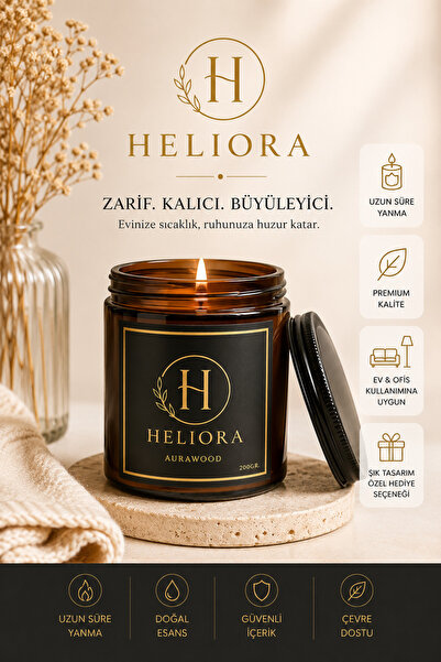 Heliora mum Odunsu Kalıcı Amber Kokulu Kapaklı Mum 200 gr