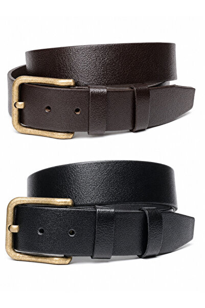 Livize 2-Piece Genuine Buffalo Leather Antique Yellow Buckle Men's Belt 4cm