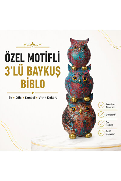 e-life shop Özel Motifli Üst Üste 3’lü Baykuş Biblo Heykel Ev Ofis Yeni Yıl H...