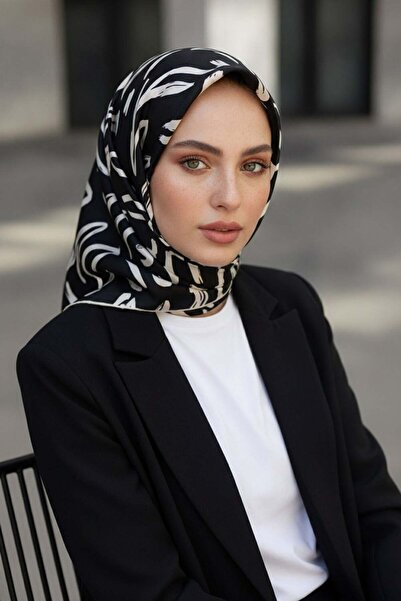 Vissona %100 Twill İpek Büyük Çiçek Desenli Siyah - Krem Renkli 90x90 Eşarp D...