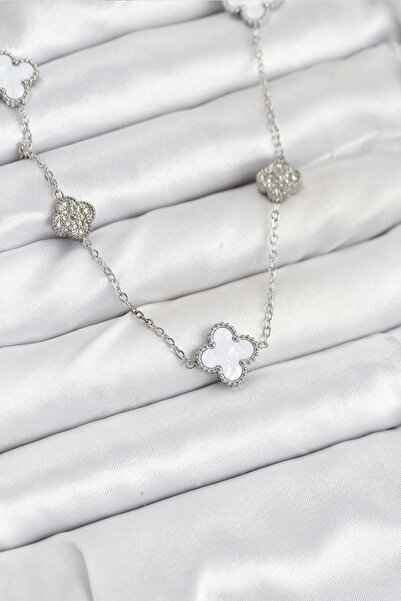 Inure Jewelry 316L Steel Chain Silver Color White and Zircon Stone Clover Wom...