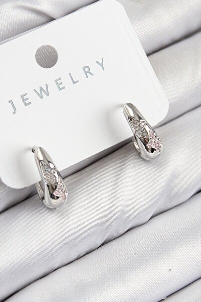 Inure Jewelry Brass Zircon Stone Patterned Model Silver Color Women's Earrings
