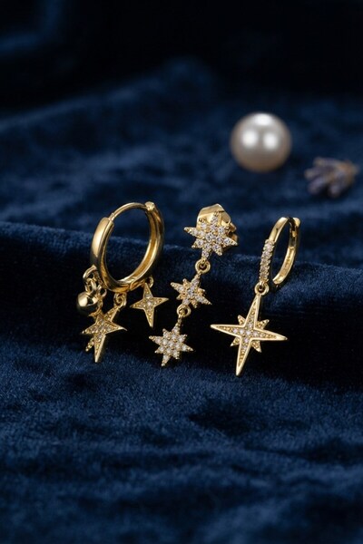 Inure Jewelry Polar Star Model Gold Color 3-Piece Earring Set
