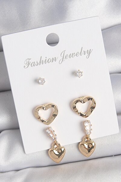 Inure Jewelry Brass Gold Color Zircon Stone Dangle Heart Model Women's 3 Pair...