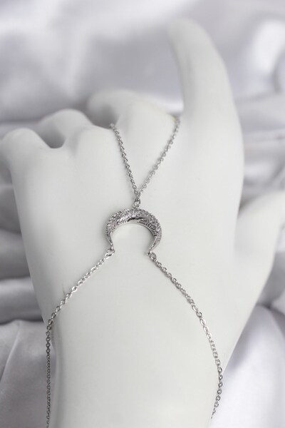 Inure Jewelry شاميران نسائي من النحاس باللون الفضي موديل هلال مرصع بحجر الزركون