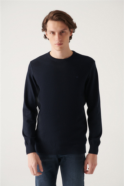 Avva Men's Navy Blue Crew Neck Cotton Knitwear Sweater E 005105