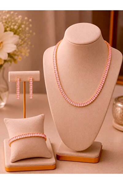 Simovia Pembe 5 mm Baget Taşlı Su Yolu Gold Kolye Bileklik Küpe 3'lü Set