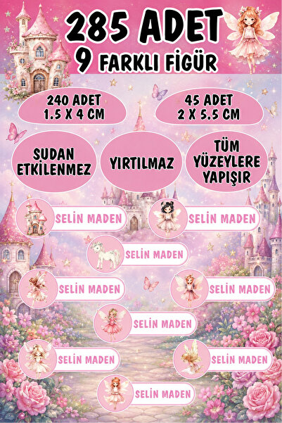 KT Decor Okul Etiketi Kalem Defter Etiketi Periler Özel Isimli Etiket 9 Figür...