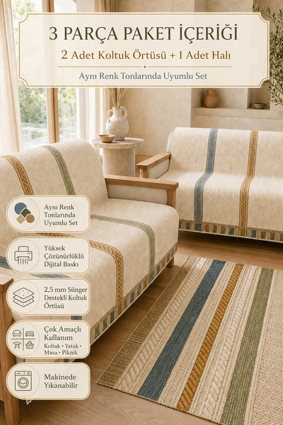 GECE MODA 3’lü Set 2 Adet 165x215 cm Koltuk Örtüsü + 1 Adet Kaymaz Taban Diji...