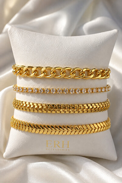 ERH Gold Kaplama Çoklu Zincir Bileklik Seti Klasik ve Balık Sırtı Model 4’lü ...