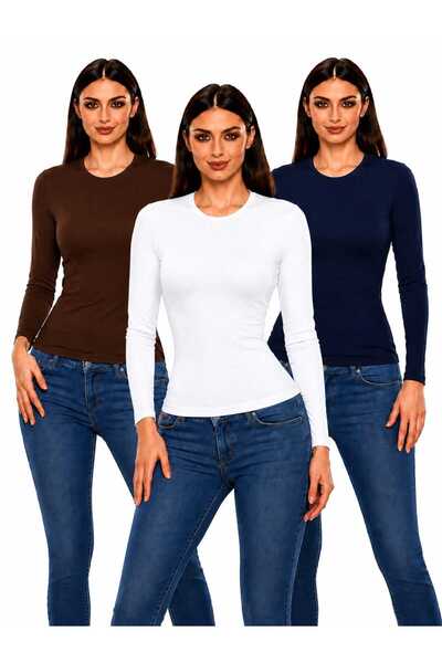 ROKİDS Women's 3-Piece Crew Neck Long Sleeve Lycra Hijab Combed Cotton Bodysuit