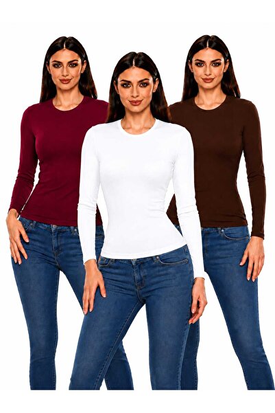ROKİDS Women's 3-Piece Crew Neck Long Sleeve Lycra Hijab Combed Cotton Bodysuit