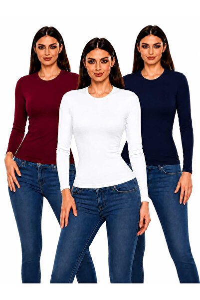 ROKİDS Women's 3-Piece Crew Neck Long Sleeve Lycra Hijab Combed Cotton Bodysuit