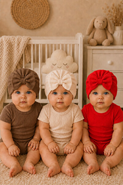 Pico Baby Fiyonklu Bebek Bone 3'lü Set-Kahverengi/Kırmızı/Beyaz