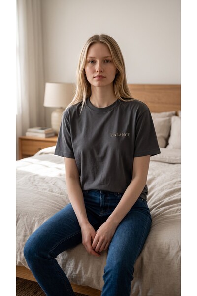 %100 Pamuk Balance Baskılı Unisex Oversize Tişört