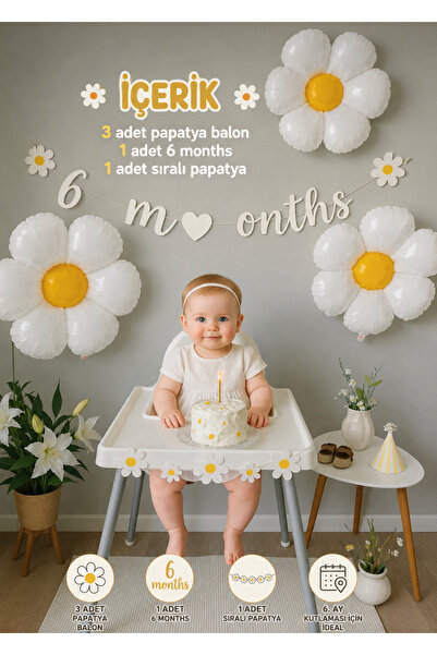 Partifabrik Daisy Themed Half Birthday Party Set 3 Daisy Balloons 1 Wall Lett...
