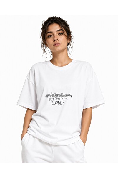Inscriptie Tricou Unisex Bumbac Premium Casual " Stiti bancul cu lupul ? "