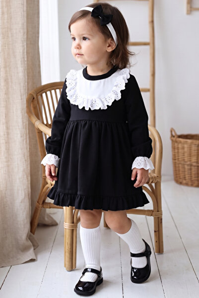 Parla Kids Girl's Ruby Black Long Sleeve Lace Detailed Ruffle Dress Bandana Suit