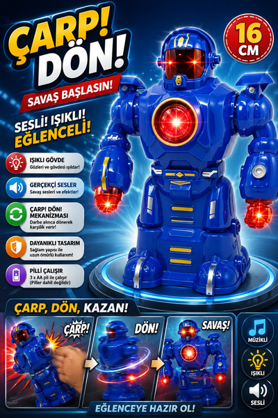 Shem Çarp Dön Sesli Işıklı Robot 16 Cm Mavi
