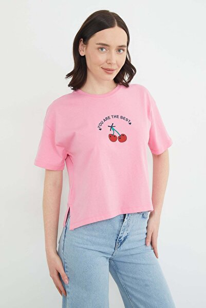 Fulla Moda Tricou casual cu imprimeu cireșe și guler tip ciclist