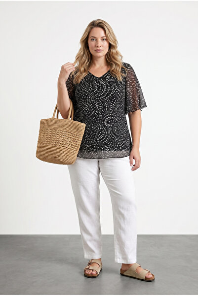 Stil Diva Plus Size V-Neck Sleeve Detail Patterned Tulle Blouse 321998