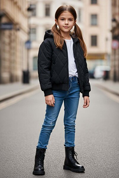 Fulla Moda Baklava Desen Kapitone Kapüşonlu Unisex Çocuk Mont