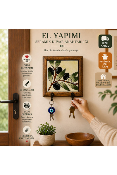 Genel Markalar El Yapımı Seramik Zeytin Dalı Duvar Anahtarlığı | Ahşap Çerçev...