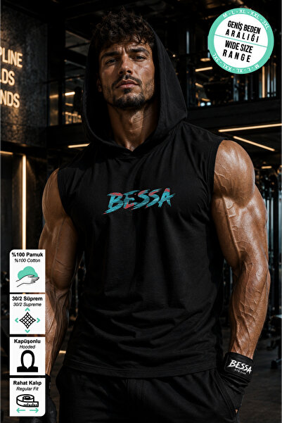 BESSA Black Hooded Sports Athlete Printed Cotton Pcs Premium Single Jersey Fa...