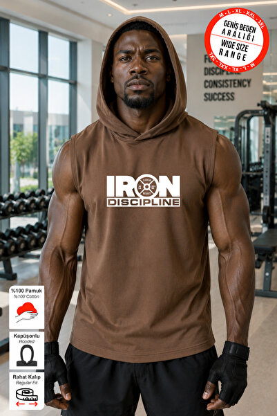 BESSA Men's Iron Discipline Printed Brown Hooded Cotton Tank Top Sleeveless A...