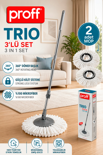 Proff Trio 3’lü Set (Otomatik Sap + Mop Başlığı + 2 Mop Yedeği)