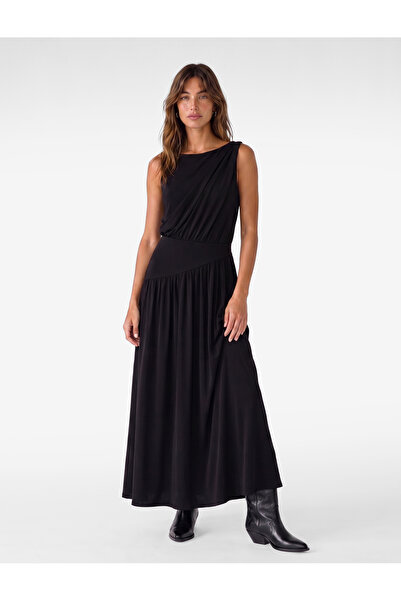 Koton Slim Fit Draped Round Boat Neck Sleeveless Low Waist Long Dress